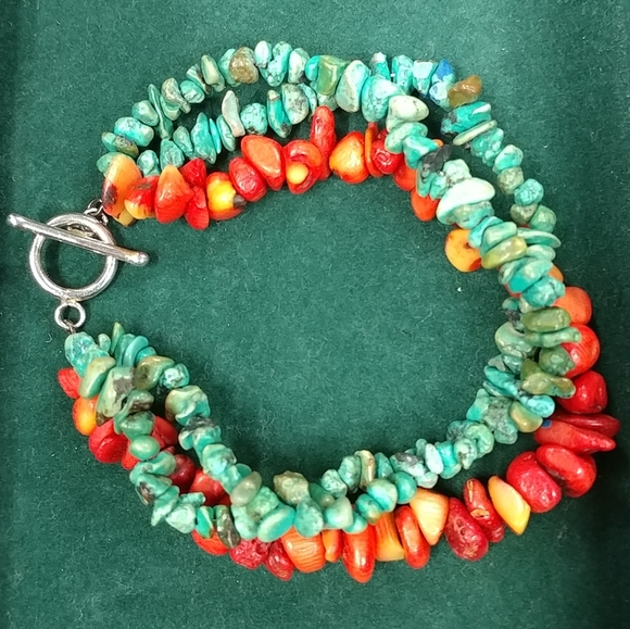 Turquoise Chip & Coral Bracelet 3 Strand 925 Sterling Silver 8" Long - Picture 11 of 16
